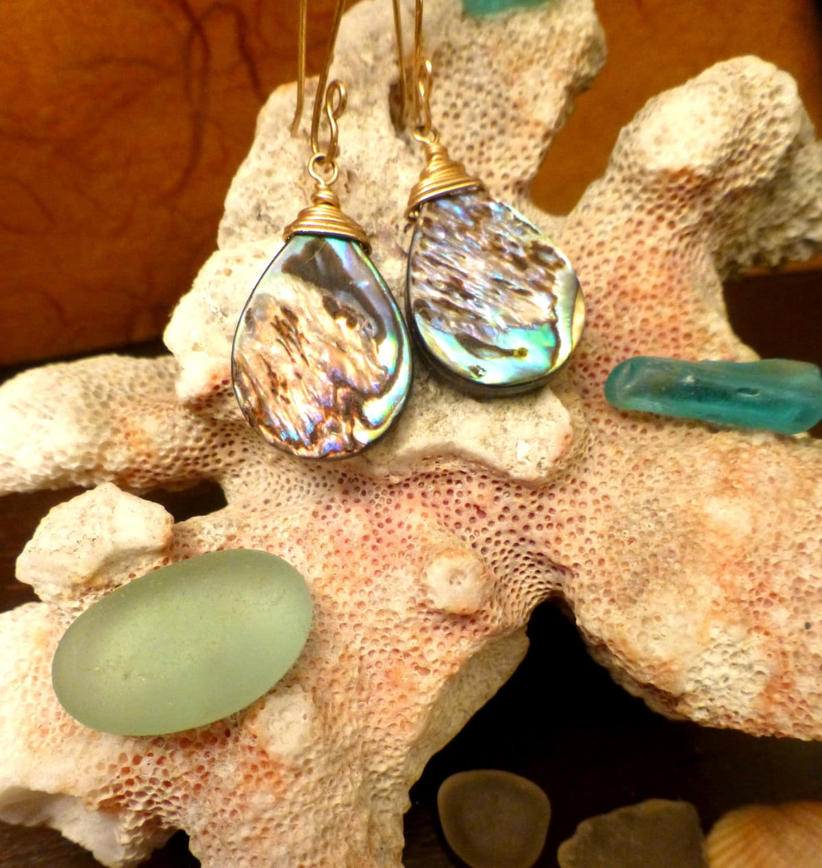 Abalone Teardrop Earrings - 14k Gold Filled Wire Wrapped - Handcrafted Fine Jewelry by ShellDance Designs, Kona Hawaii