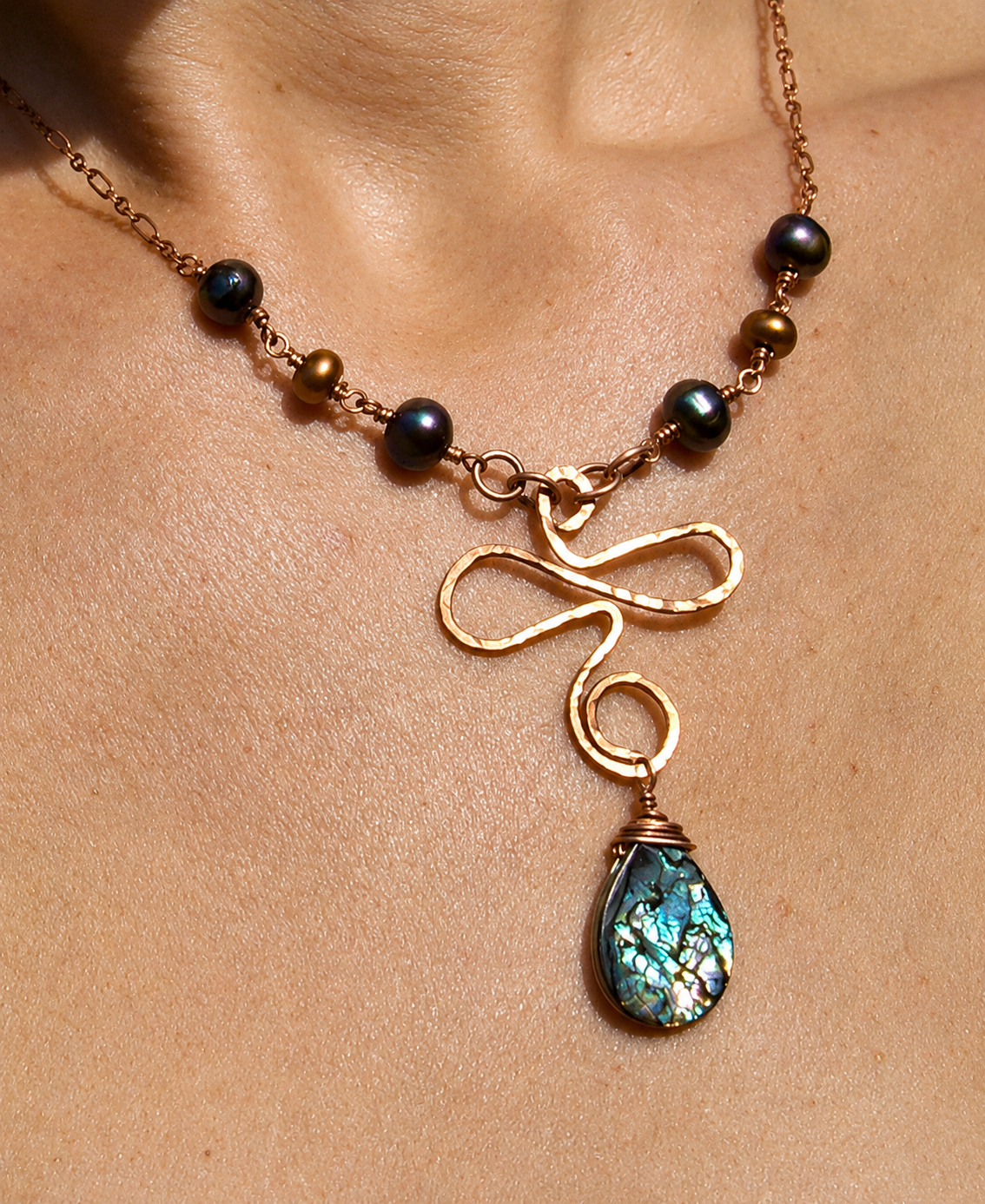 Lanikai Wire Wrapped Abalone Necklace - Copper Scroll - Handcrafted Fine Jewelry by ShellDance Designs, Kona Hawaii