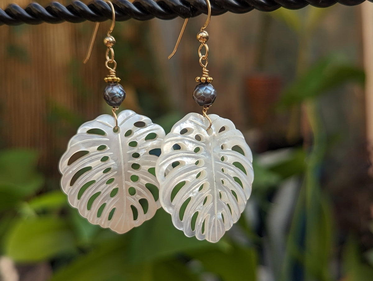 Monstera Shell Earrings - Handcrafted Fine Jewelry by ShellDance Designs, Kona Hawaii