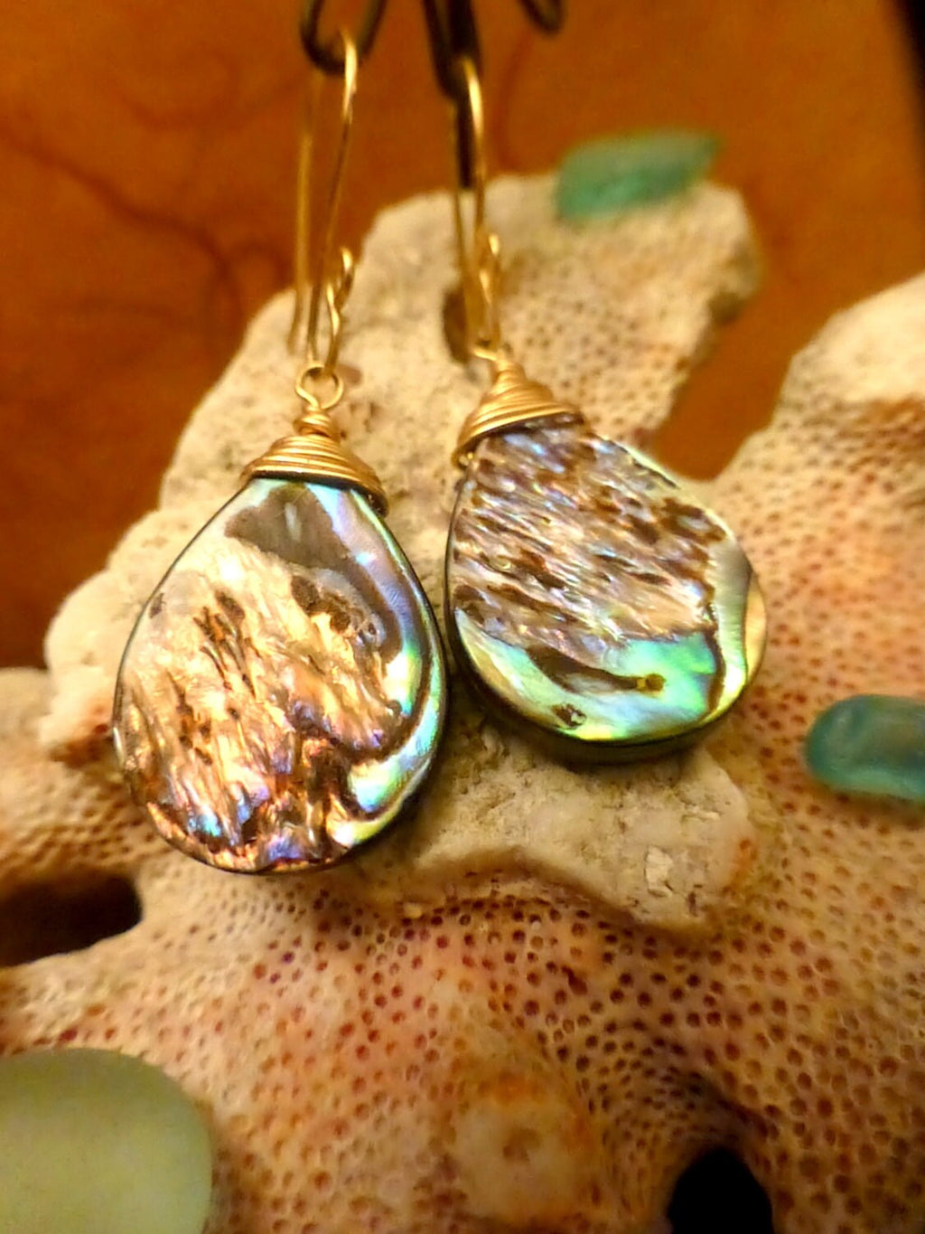Abalone Teardrop Earrings - 14k Gold Filled Wire Wrapped - Handcrafted Fine Jewelry by ShellDance Designs, Kona Hawaii