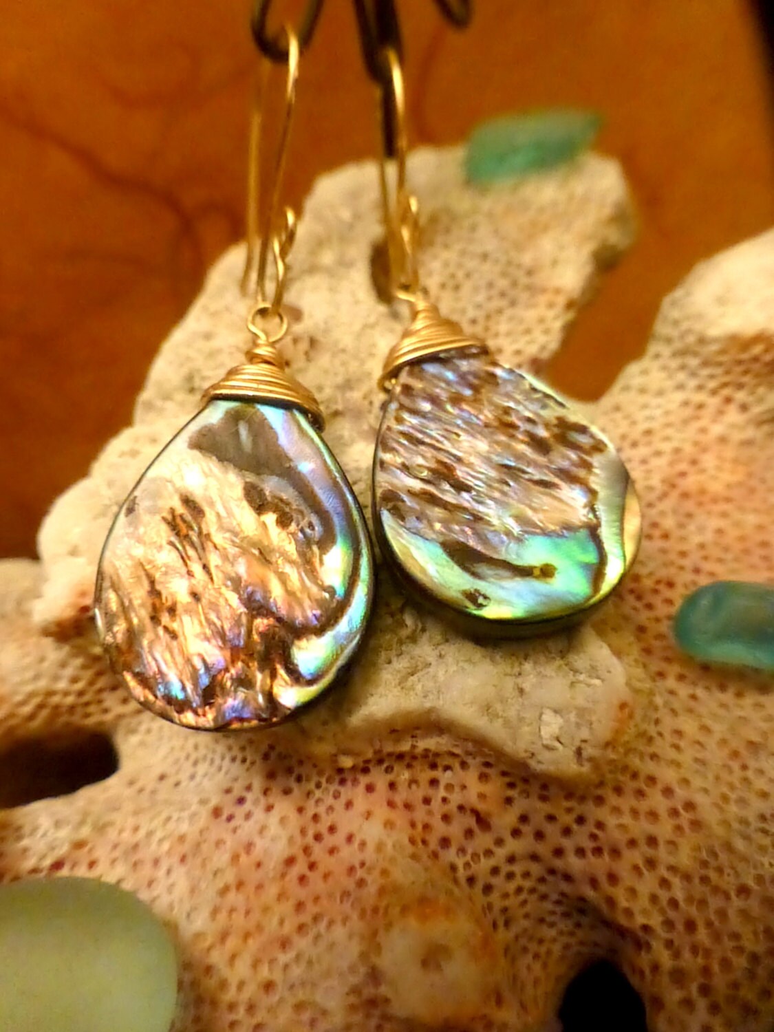 Abalone Teardrop Earrings - 14k Gold Filled Wire Wrapped - Handcrafted Fine Jewelry by ShellDance Designs, Kona Hawaii