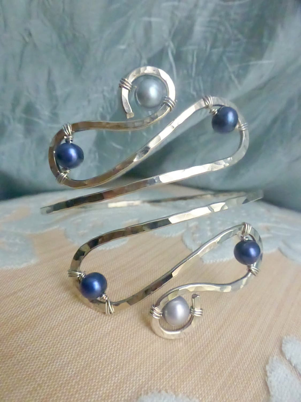 Aonani Hammered Silver Upper Arm Cuff With Freshwater Pearls - Handcrafted Fine Jewelry by ShellDance Designs, Kona Hawaii