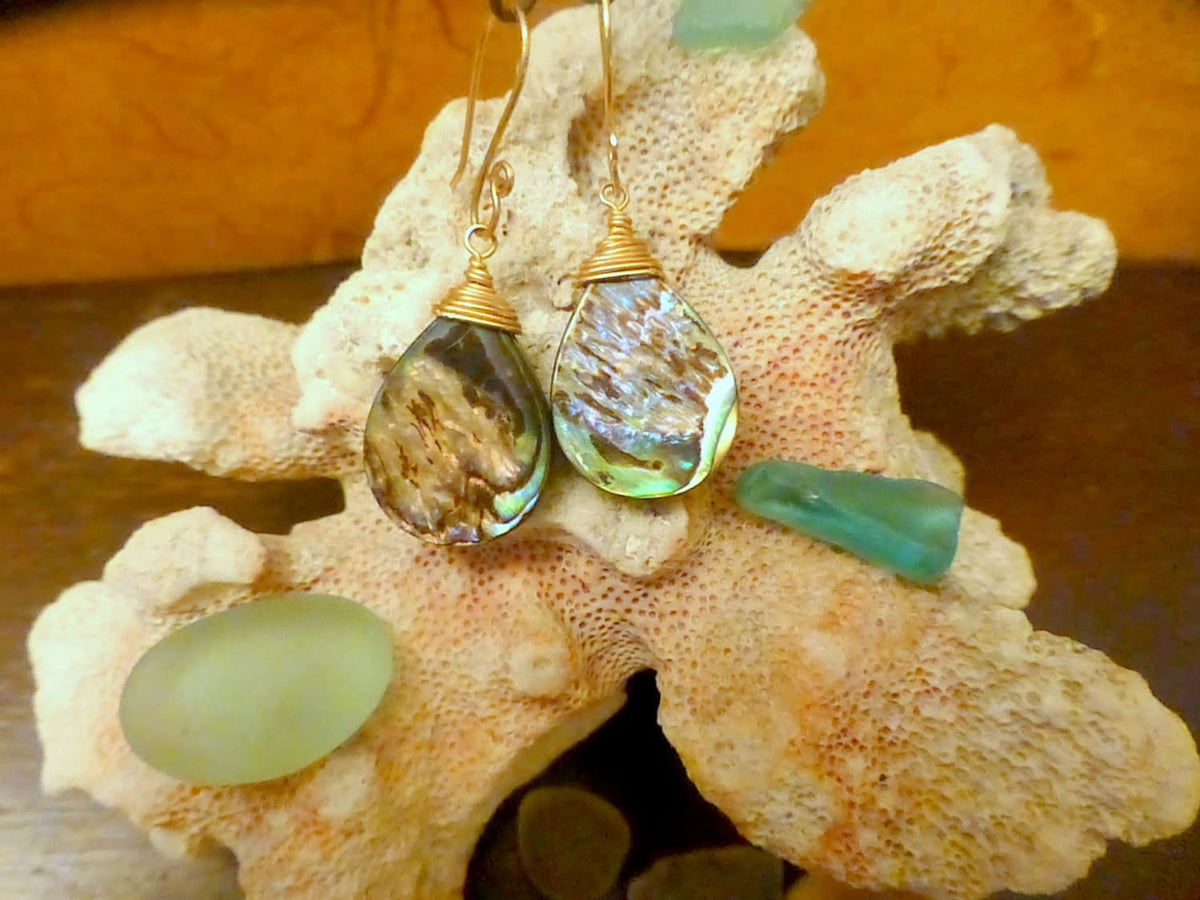 Abalone Teardrop Earrings - 14k Gold Filled Wire Wrapped - Handcrafted Fine Jewelry by ShellDance Designs, Kona Hawaii