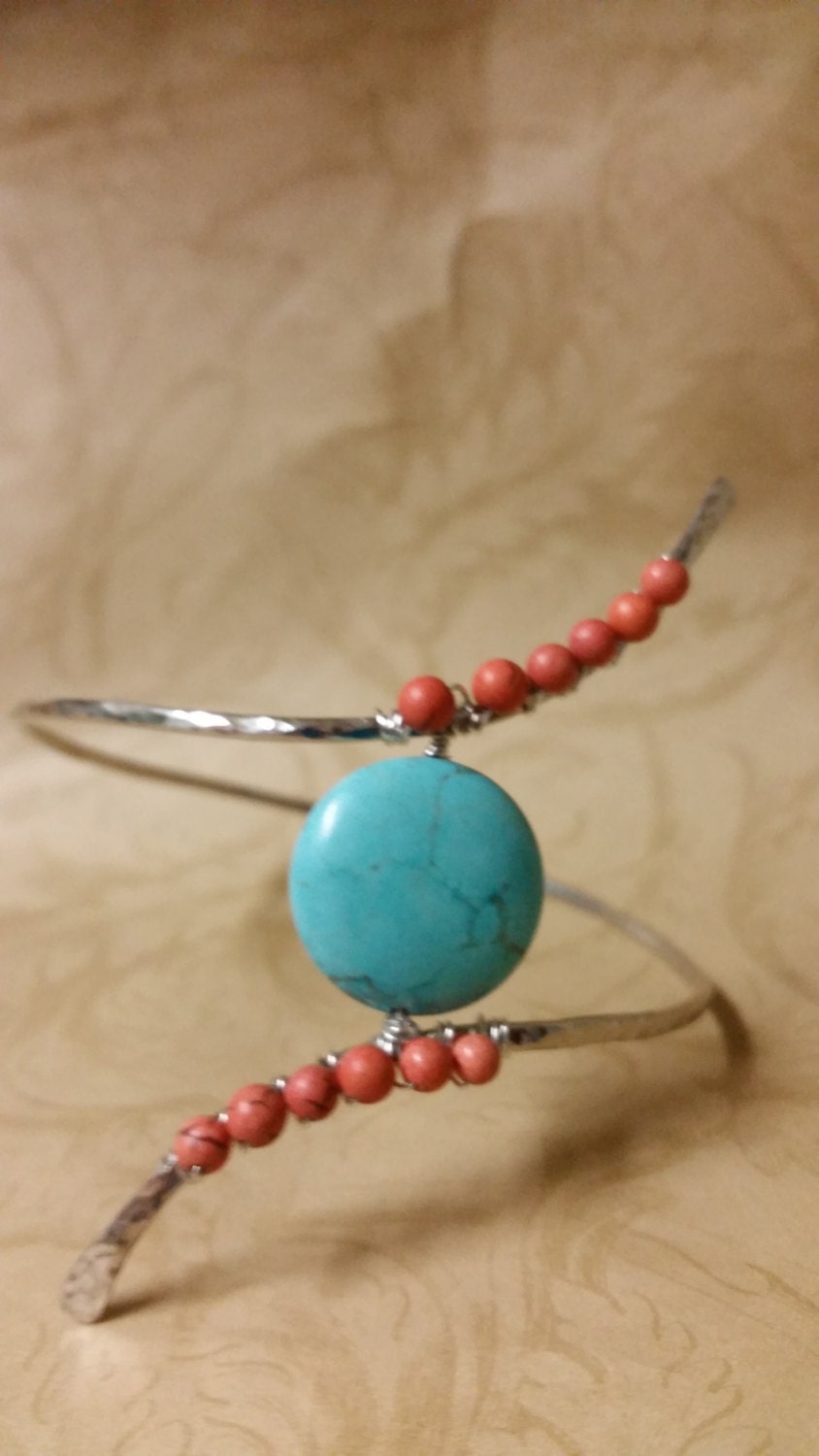 Makai Upper Arm Cuff - Turquoise & Coral Bohemian Body - Handcrafted Fine Jewelry by ShellDance Designs, Kona Hawaii