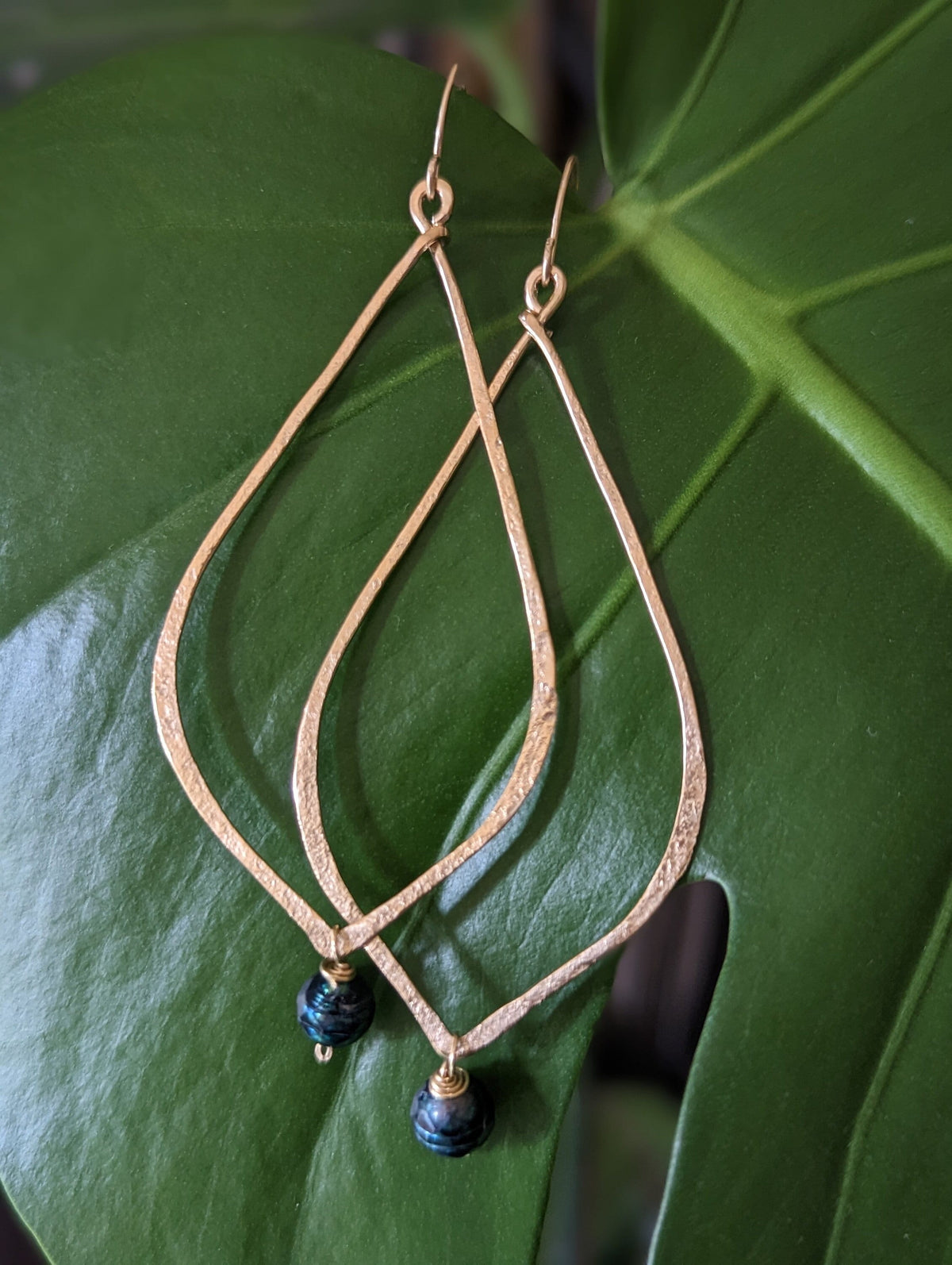 Kapua Gold Drop Earrings With Peacock Pearl - Handcrafted Fine Jewelry by ShellDance Designs, Kona Hawaii