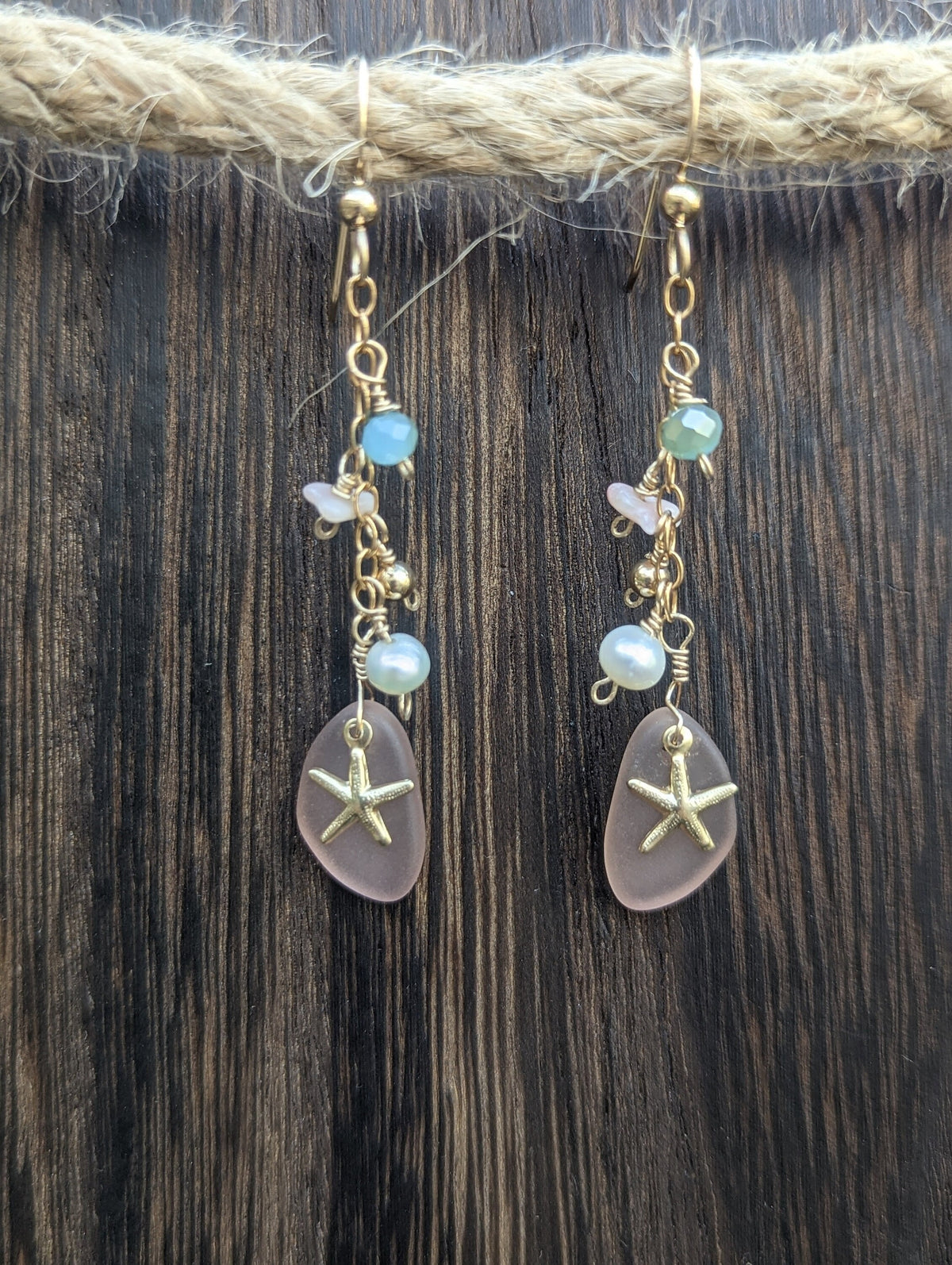 Seaglass Starfish Dangle Earrings - 14k Gold Filled - Handcrafted Fine Jewelry by ShellDance Designs, Kona Hawaii