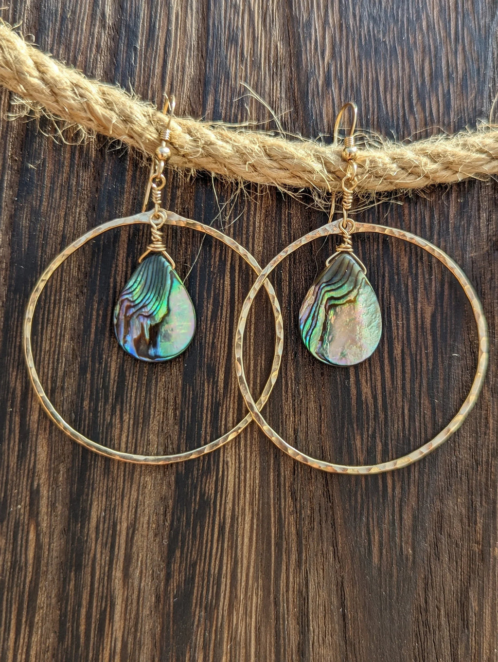 Kai Abalone Shell Hoop Earrings - Hammered Gold - Handcrafted Fine Jewelry by ShellDance Designs, Kona Hawaii