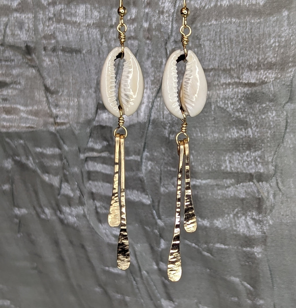 Poipu Cowrie Shell Dangles - Gold Bar Drop Earrings - Handcrafted Fine Jewelry by ShellDance Designs, Kona Hawaii