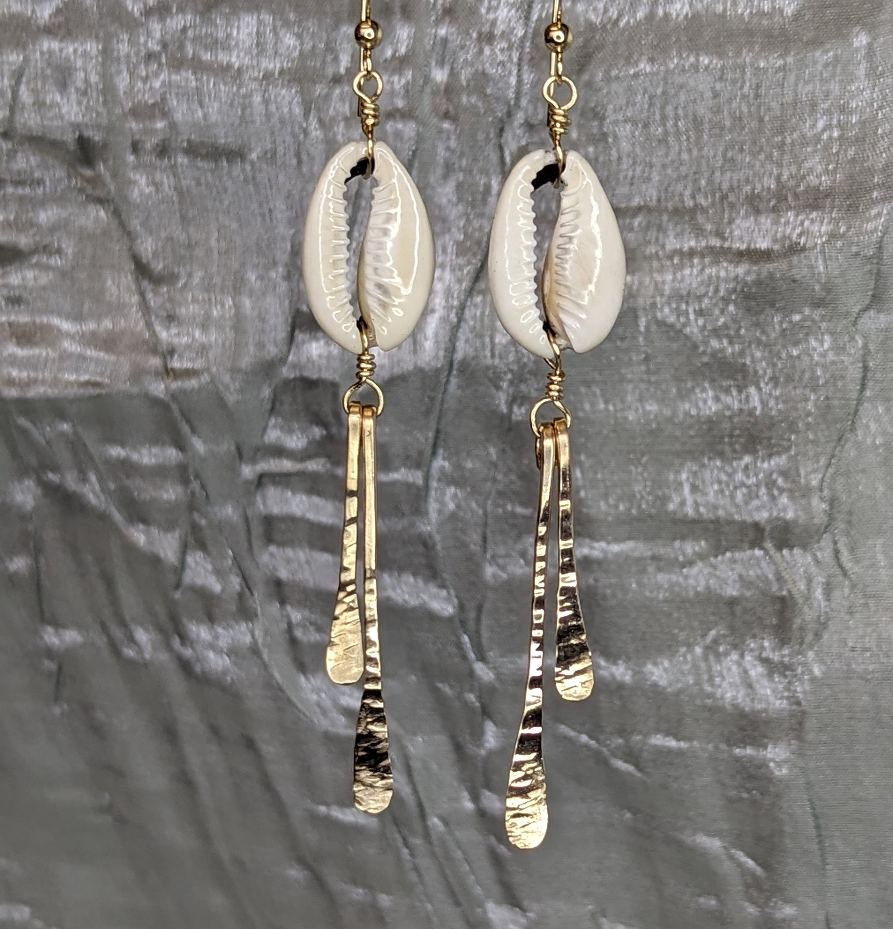 Poipu Cowrie Shell Dangles - Gold Bar Drop Earrings - Handcrafted Fine Jewelry by ShellDance Designs, Kona Hawaii