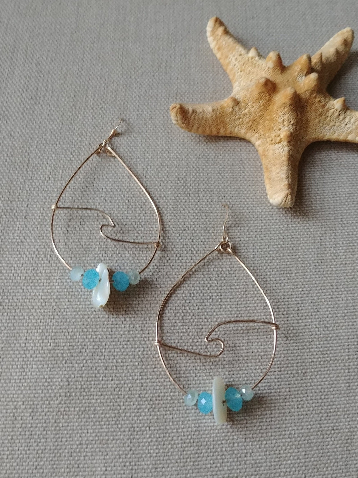 Dainty Wave Teardrop Earrings - Sea Blue Beaded Hoops - Handcrafted Fine Jewelry by ShellDance Designs, Kona Hawaii