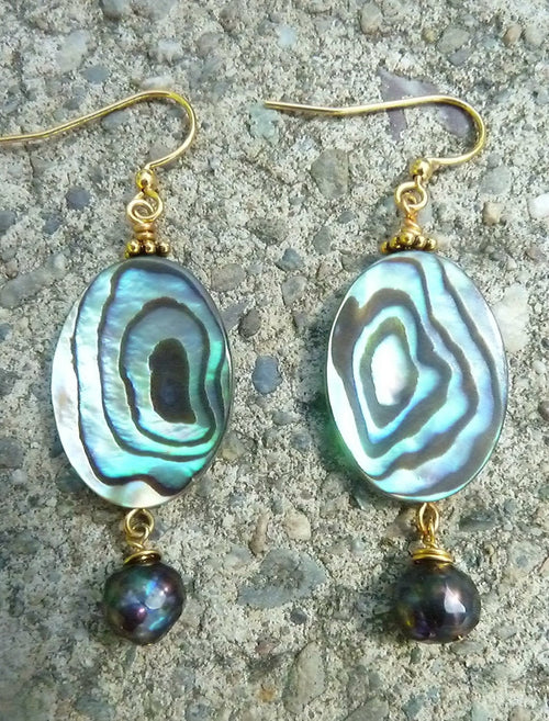 Abalone Shell Earrings - Peacock Pearl Dangles - Handcrafted Fine Jewelry by ShellDance Designs, Kona Hawaii