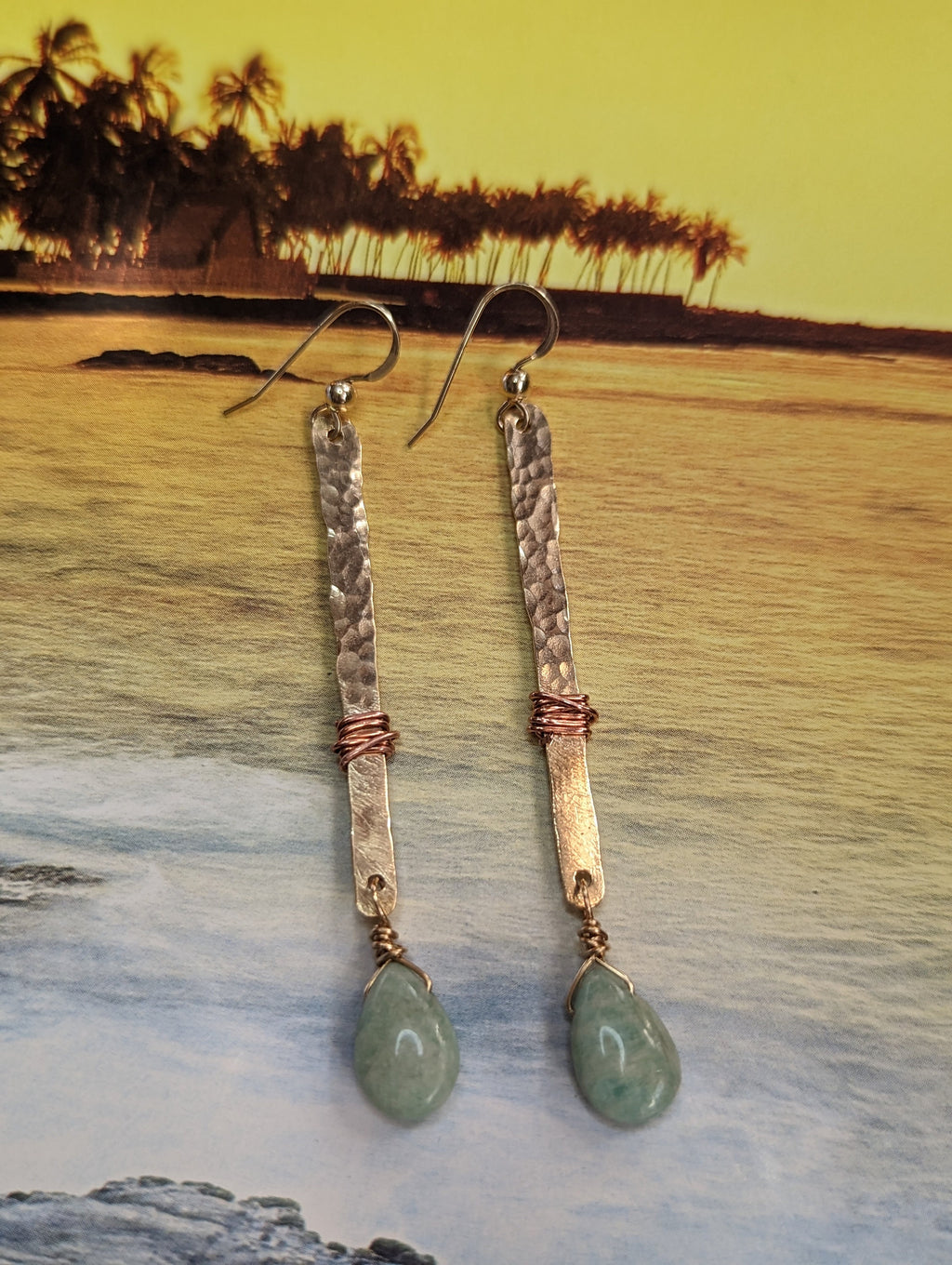 Hana Amazonite Teardrop Bar Earrings - Handcrafted Fine Jewelry by ShellDance Designs, Kona Hawaii