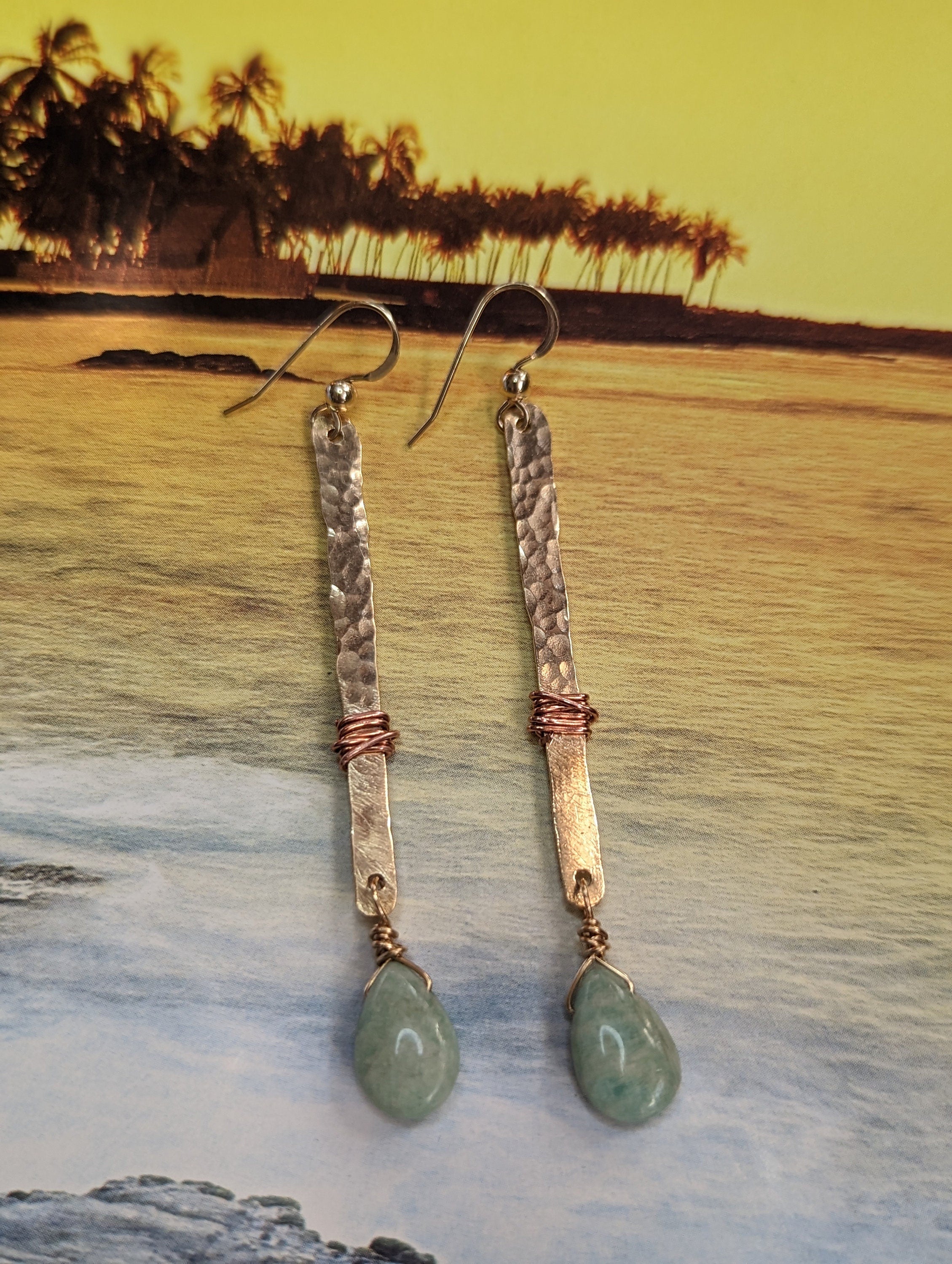 Hana Amazonite Teardrop Bar Earrings - Handcrafted Fine Jewelry by ShellDance Designs, Kona Hawaii
