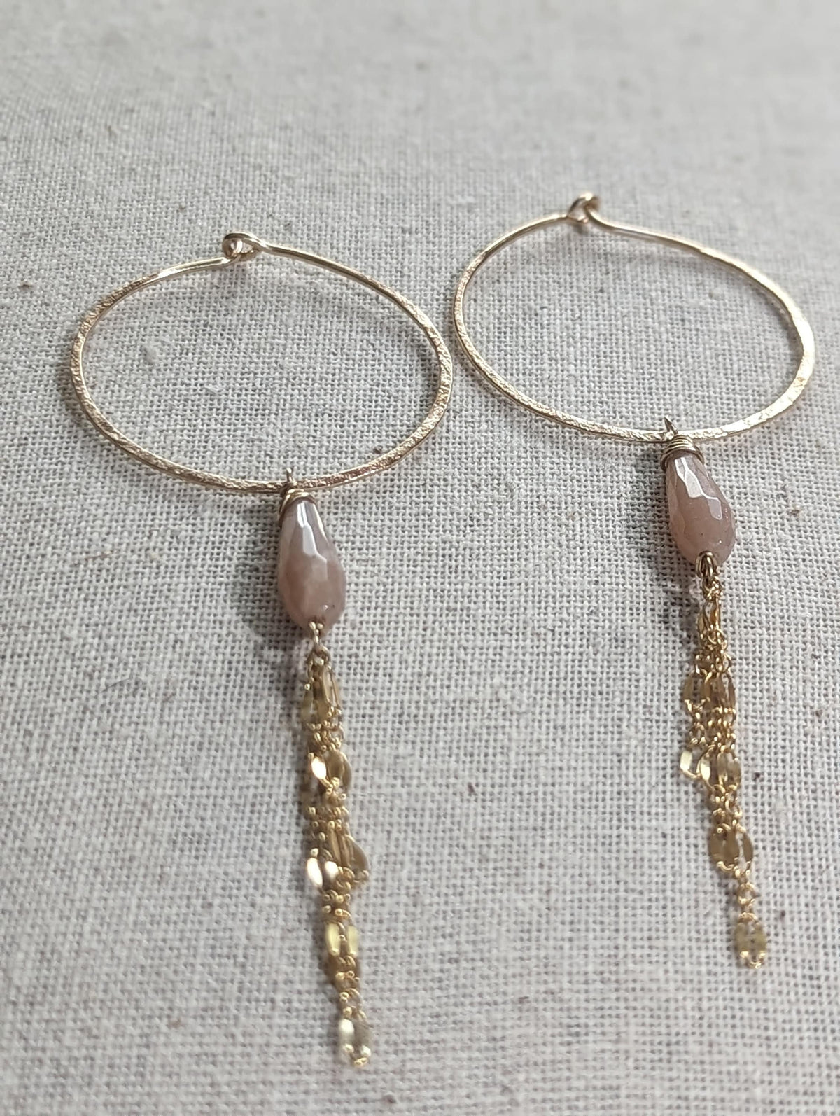 Kala Queen Of The Night Earrings - Hoop Peach Moonstone Chain Earrings - Handcrafted Fine Jewelry by ShellDance Designs, Kona Hawaii