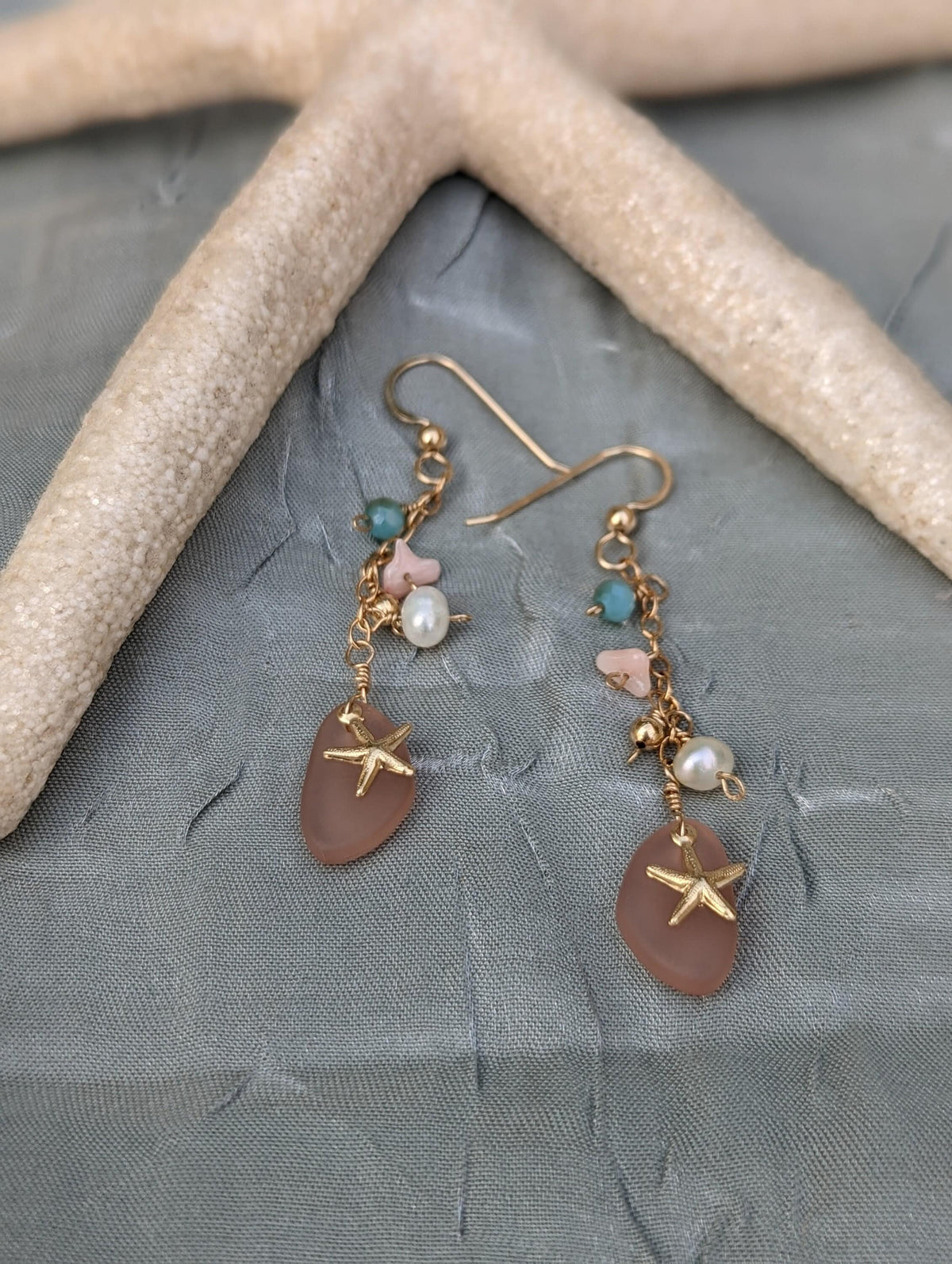 Seaglass Starfish Dangle Earrings - 14k Gold Filled - Handcrafted Fine Jewelry by ShellDance Designs, Kona Hawaii