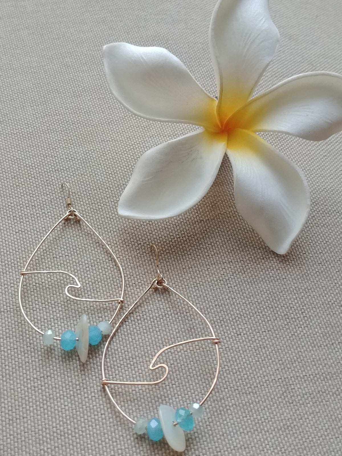 Dainty Wave Teardrop Earrings - Sea Blue Beaded Hoops - Handcrafted Fine Jewelry by ShellDance Designs, Kona Hawaii