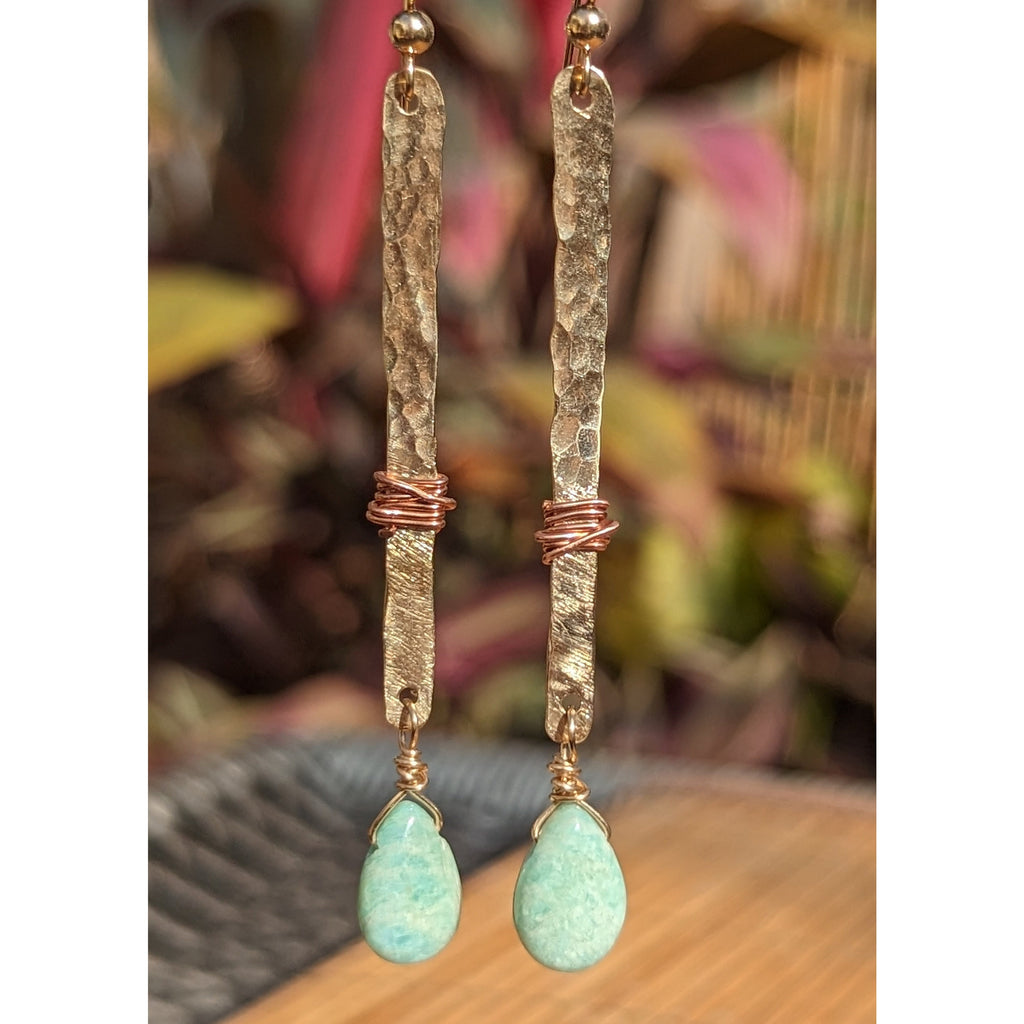 Hana Amazonite Teardrop Bar Earrings - Handcrafted Fine Jewelry by ShellDance Designs, Kona Hawaii