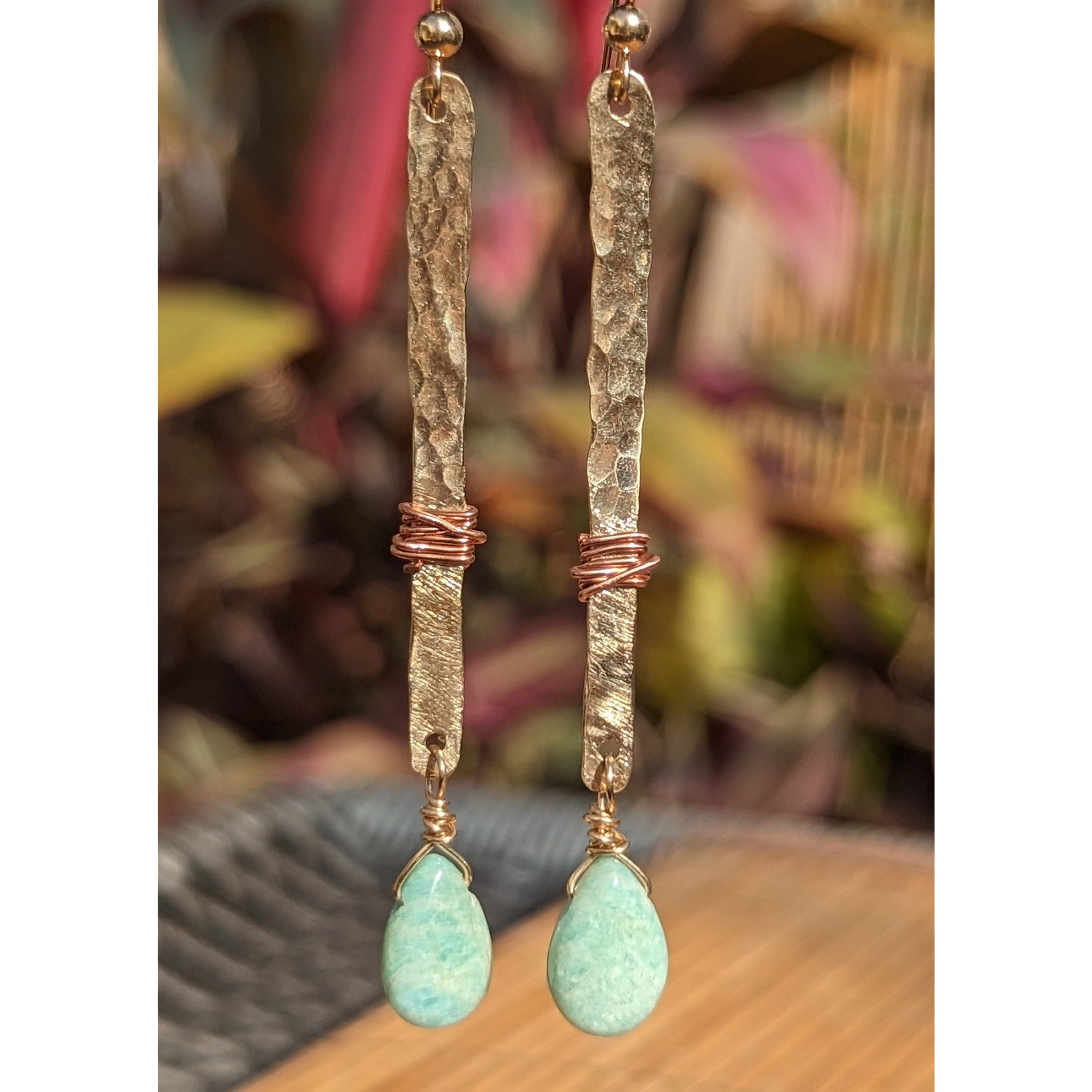 Hana Amazonite Teardrop Bar Earrings - Handcrafted Fine Jewelry by ShellDance Designs, Kona Hawaii
