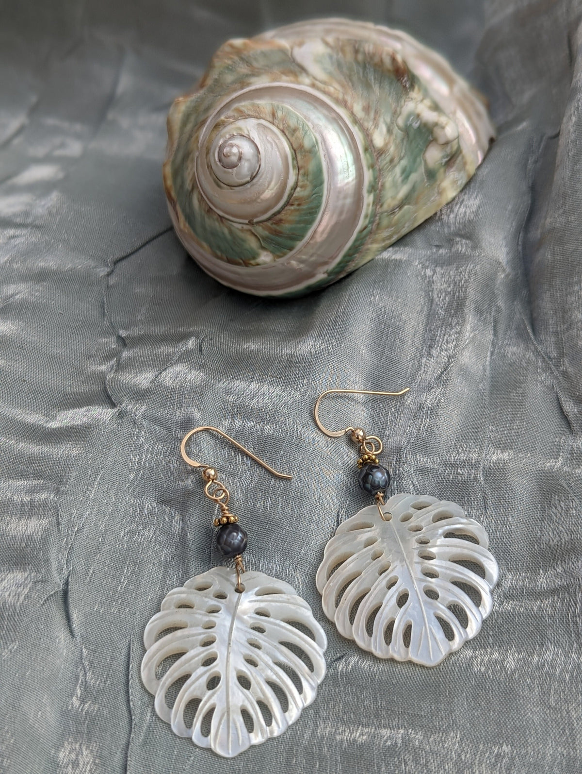 Monstera Shell Earrings - Handcrafted Fine Jewelry by ShellDance Designs, Kona Hawaii