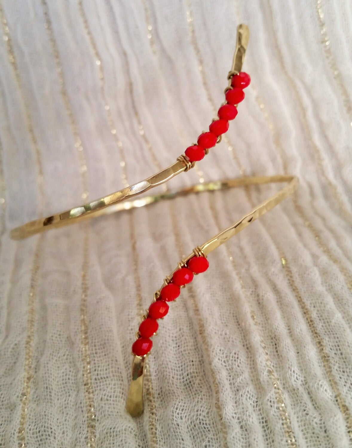 Nohea Hammered Wire Upper Arm Cuff With Red Glass Beads - Handcrafted Fine Jewelry by ShellDance Designs, Kona Hawaii