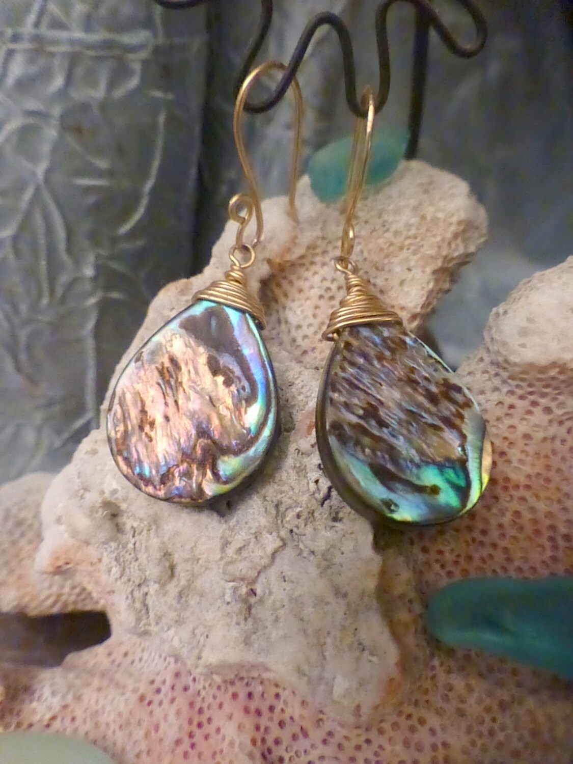 Abalone Teardrop Earrings - 14k Gold Filled Wire Wrapped - Handcrafted Fine Jewelry by ShellDance Designs, Kona Hawaii