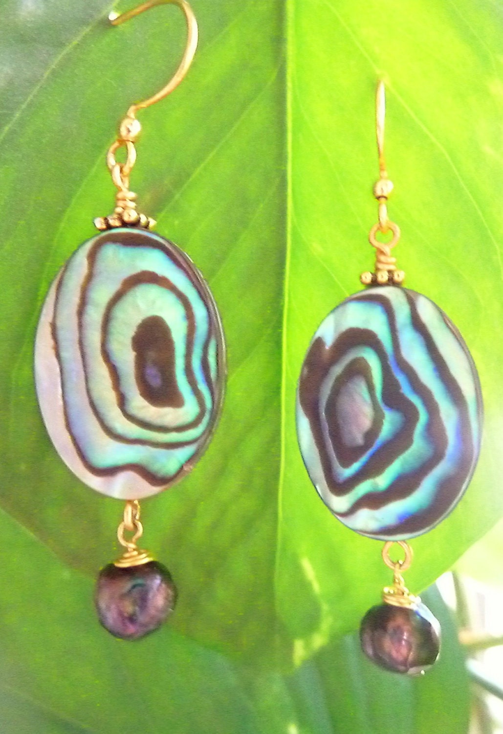 Abalone Shell Earrings - Peacock Pearl Dangles - Handcrafted Fine Jewelry by ShellDance Designs, Kona Hawaii