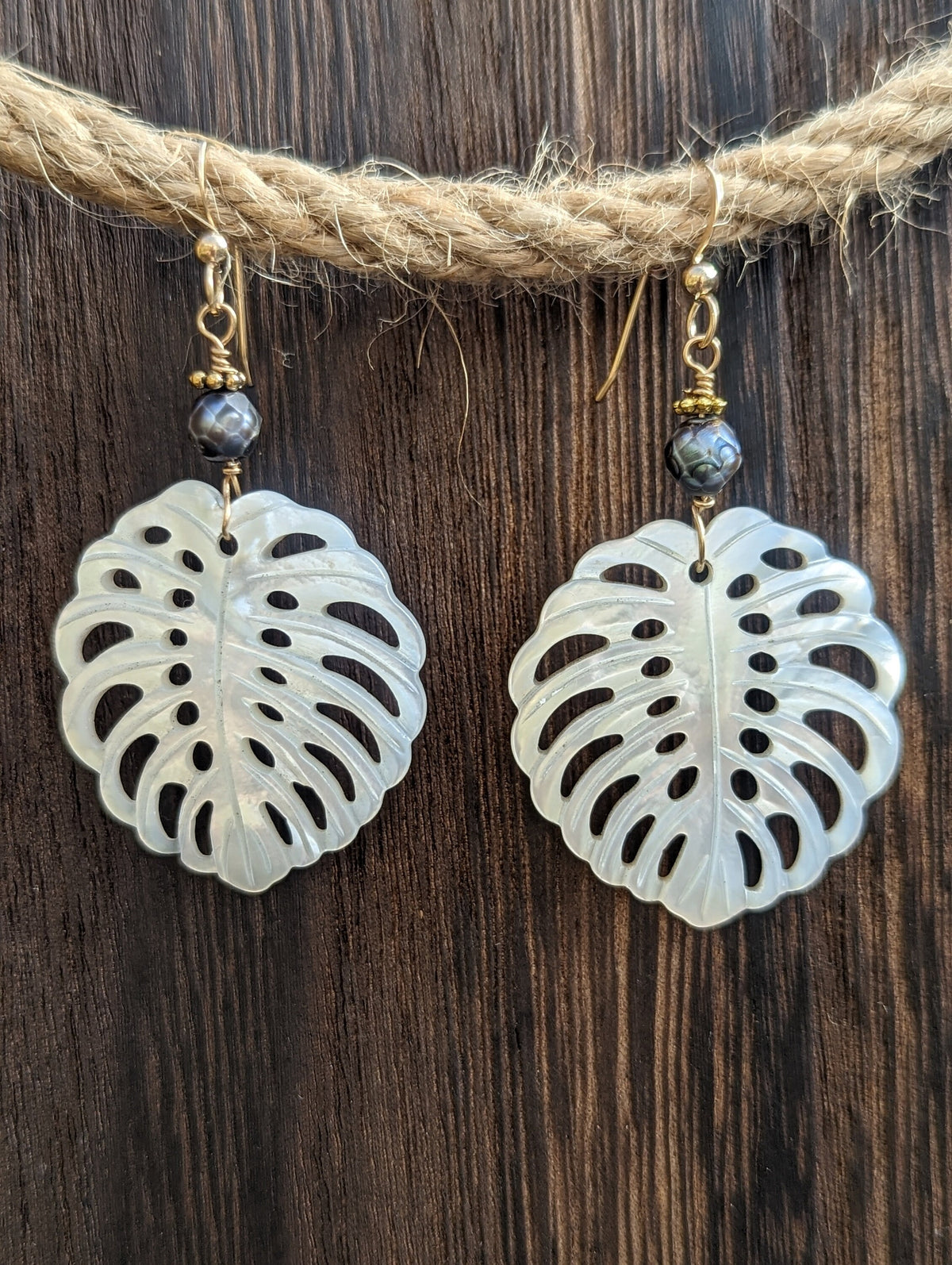Monstera Shell Earrings - Handcrafted Fine Jewelry by ShellDance Designs, Kona Hawaii