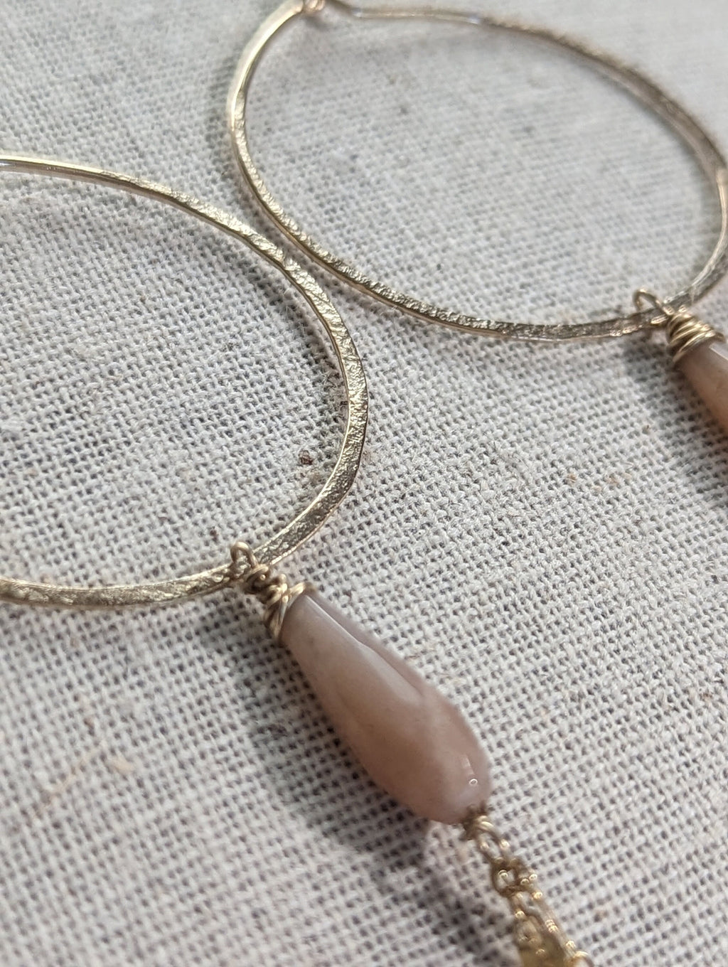 Kala Queen Of The Night Earrings - Hoop Peach Moonstone Chain Earrings - Handcrafted Fine Jewelry by ShellDance Designs, Kona Hawaii