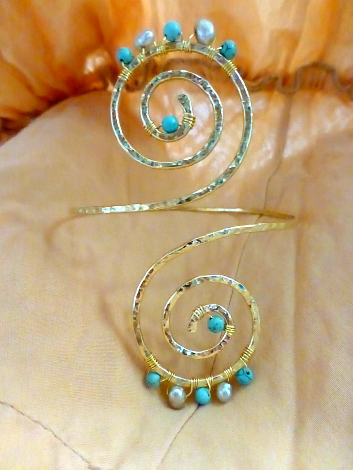 Melia Grecian Gold Swirl Beaded Upper Arm Cuff - Custom Fit - Handcrafted Fine Jewelry by ShellDance Designs, Kona Hawaii