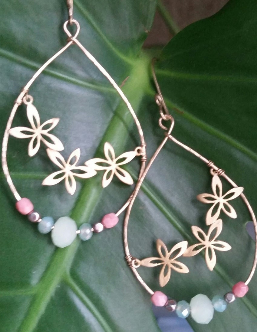 Plumeria Hoop Earrings - Coral & Aqua Beaded Teardrops - Handcrafted Fine Jewelry by ShellDance Designs, Kona Hawaii
