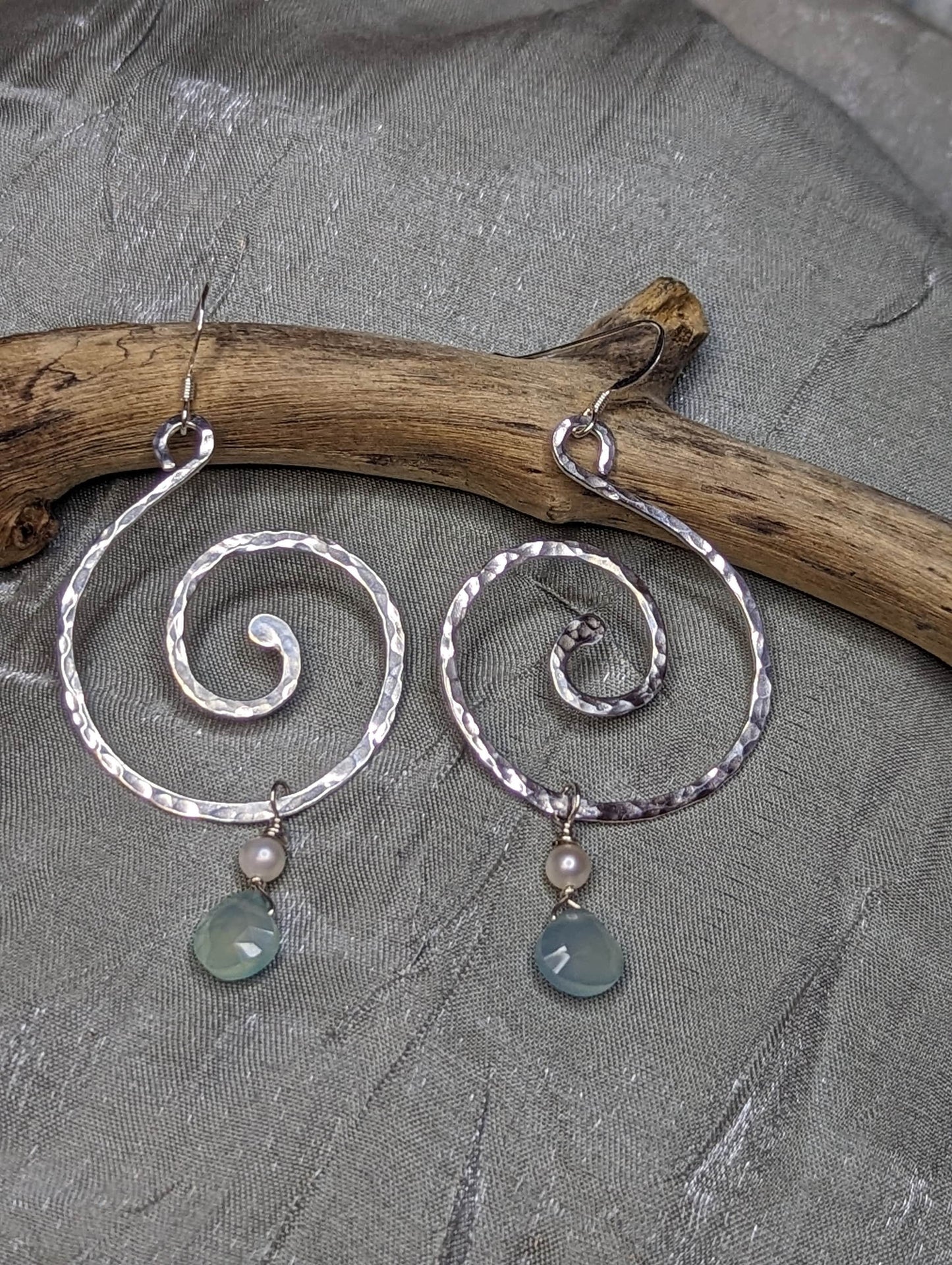 Mermaid Swirls * Koru Symbol * Chalcedony, Freshwater Pearls, Sterling Silver or 14k Gold Filled