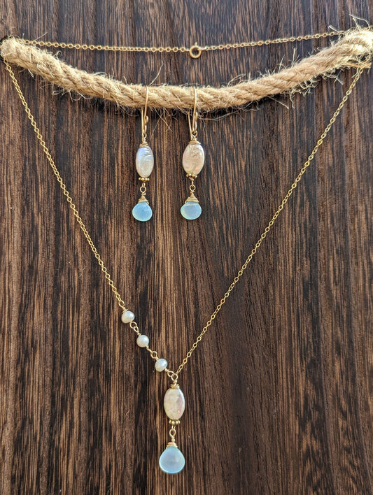 Chalcedony & Mother of Pearl Necklace and Earring Set in Sterling Silver or 14k Gold Filled