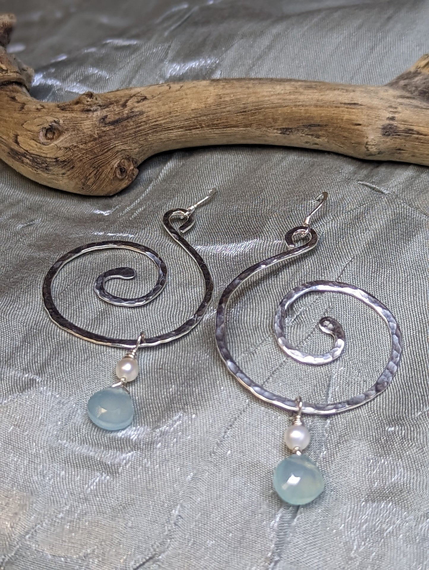 Mermaid Swirls * Koru Symbol * Chalcedony, Freshwater Pearls, Sterling Silver or 14k Gold Filled