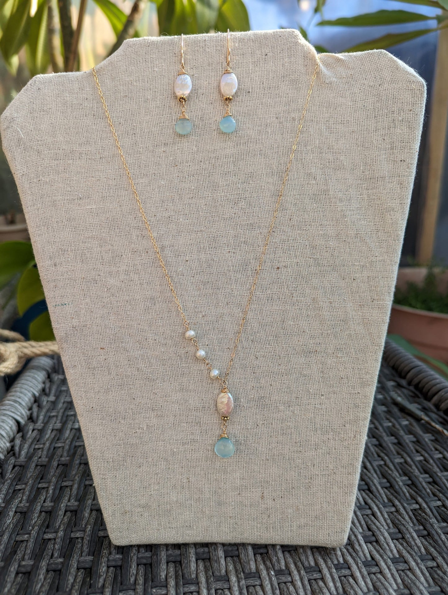 Chalcedony & Mother of Pearl Necklace and Earring Set in Sterling Silver or 14k Gold Filled