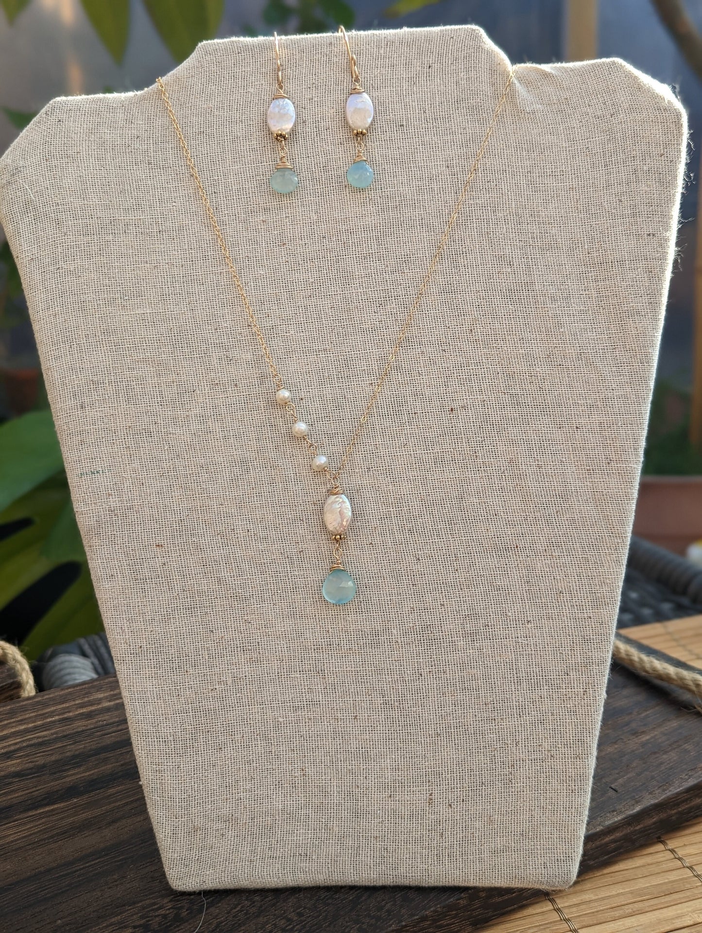 Chalcedony & Mother of Pearl Necklace and Earring Set in Sterling Silver or 14k Gold Filled