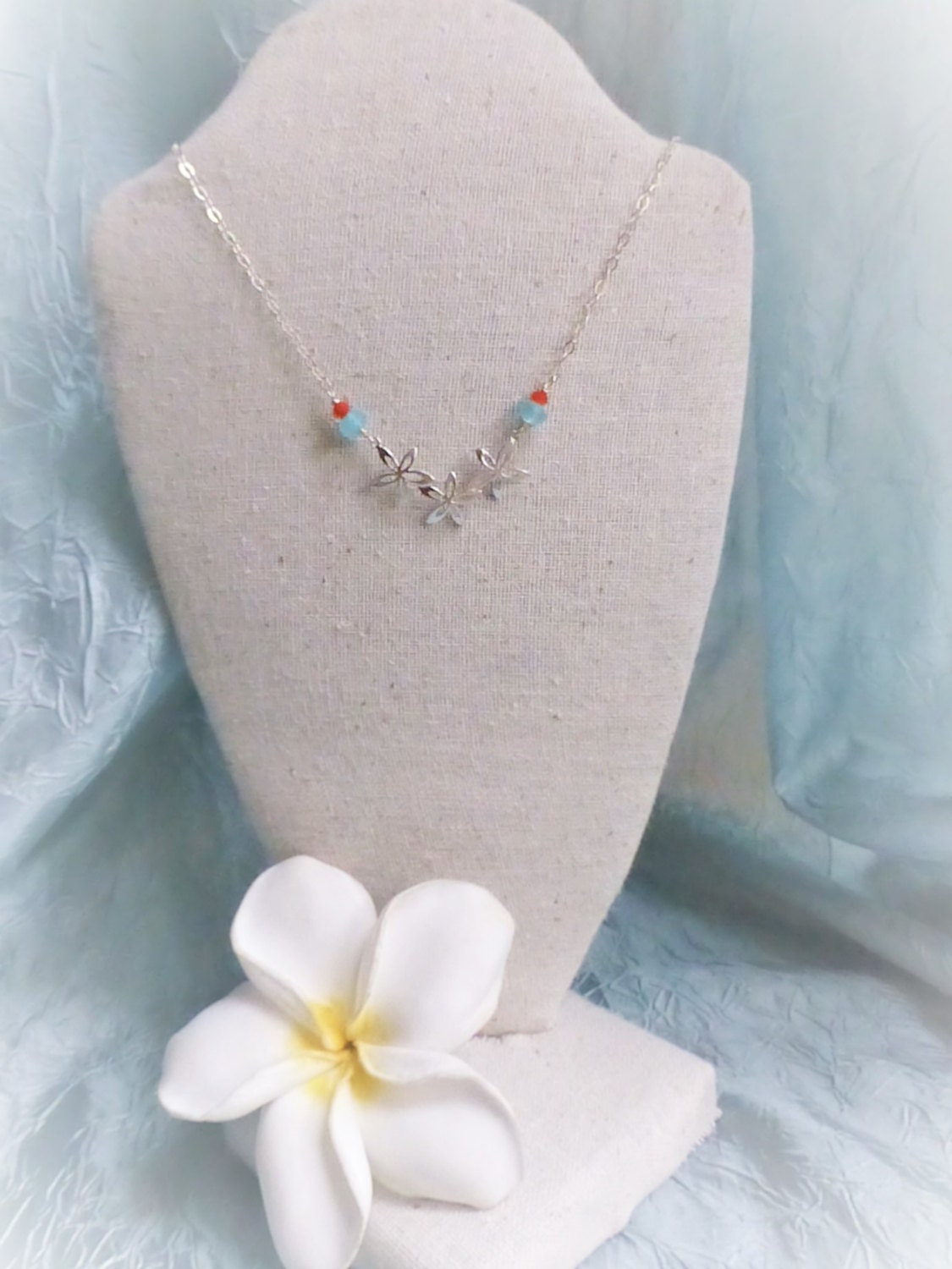 Plumeria Flower Necklace, Tropical Island Necklace, Hawaii Island Bling ~ Available in Gold or Silver, Customize Bead Color