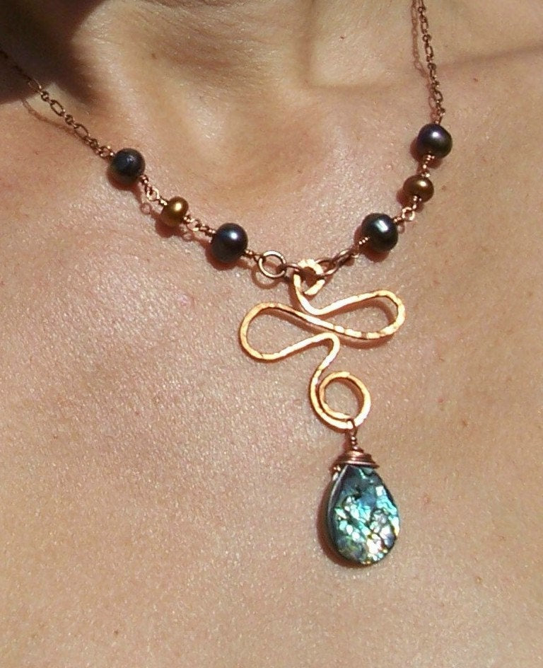 Abalone Wirewrapped Necklace- Abalone and Pearls Necklace