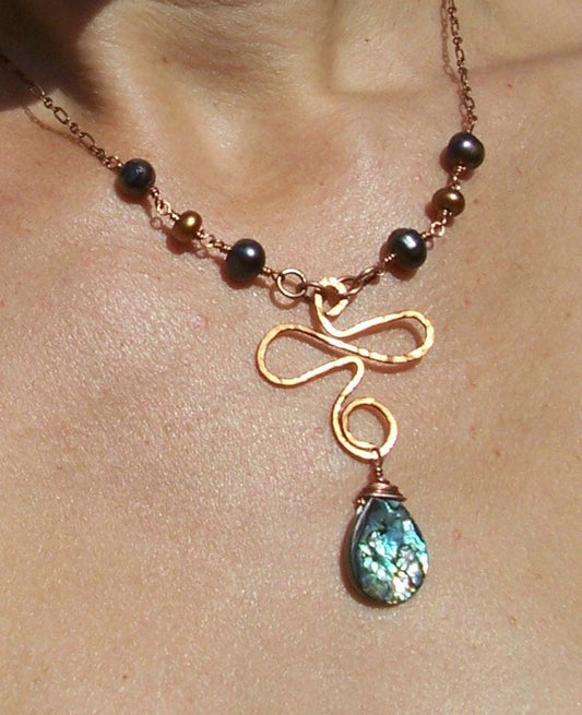 Abalone Wirewrapped Necklace- Abalone and Pearls Necklace