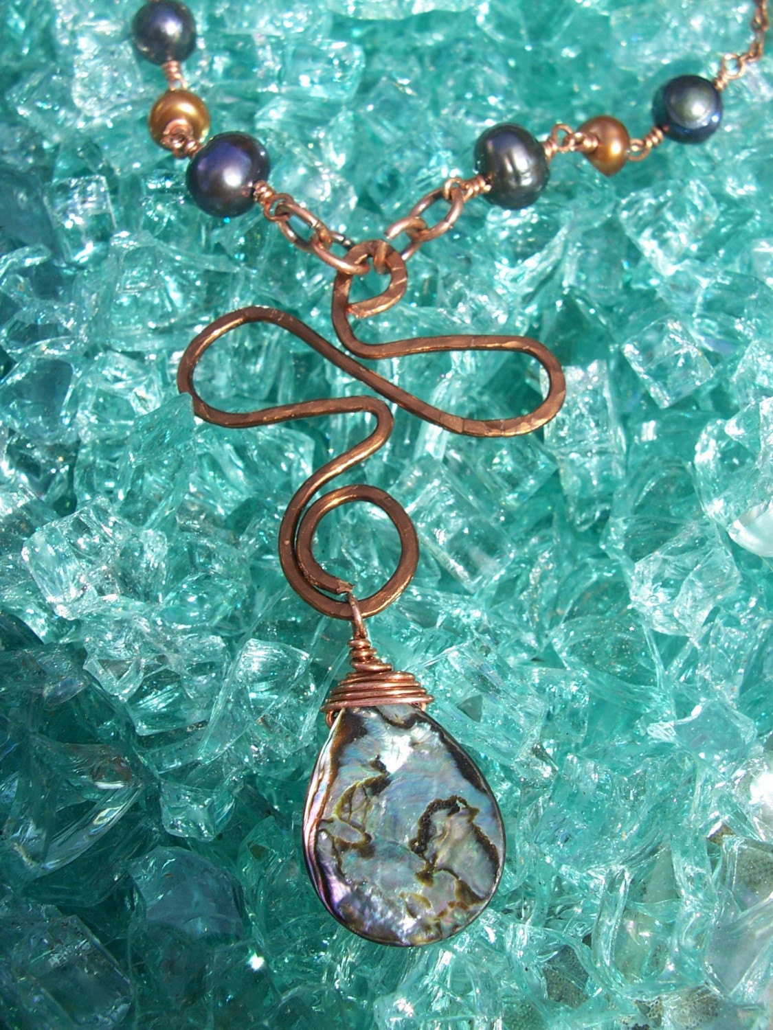 Abalone Wirewrapped Necklace- Abalone and Pearls Necklace